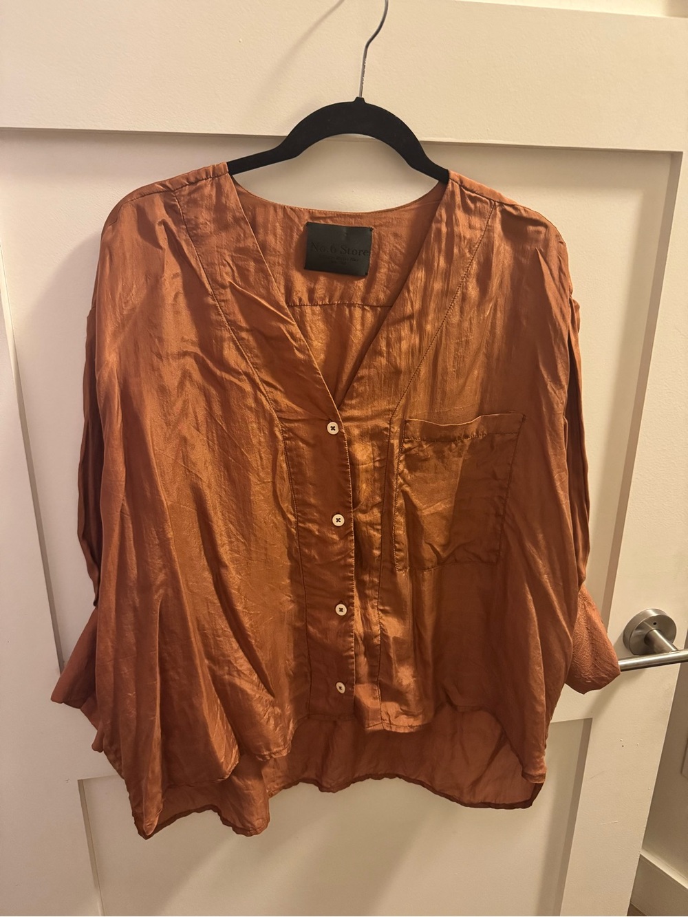 No. 6 Button-Front 100% Silk Rust Orange V-Neck Blouse